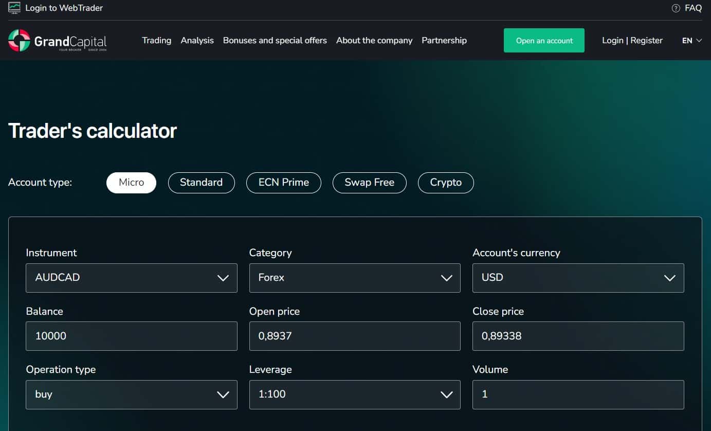 Trader's calculator on the Grand Capital website