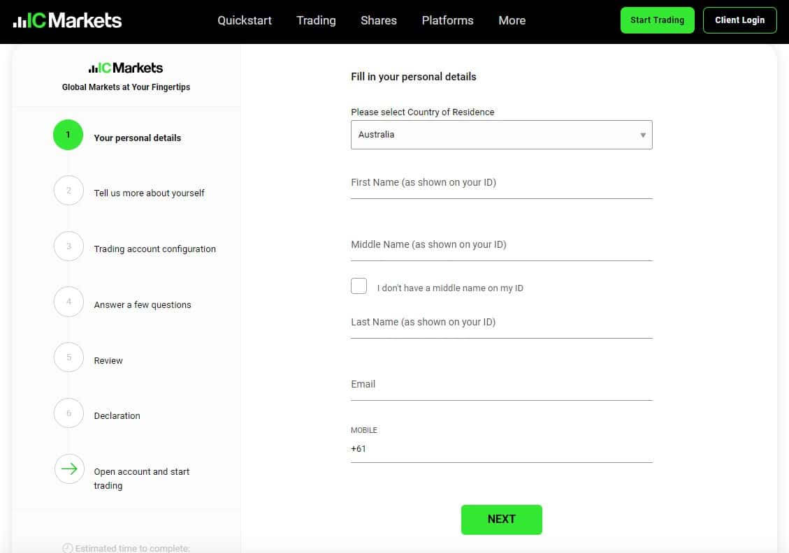 IC Markets Australia Registration Form