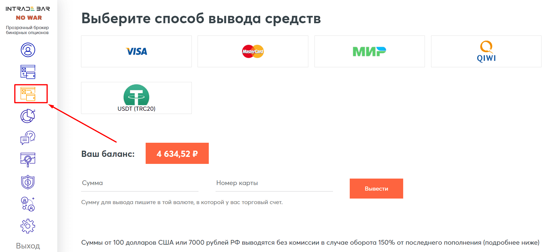 Вывод средств с Интрейд Бар