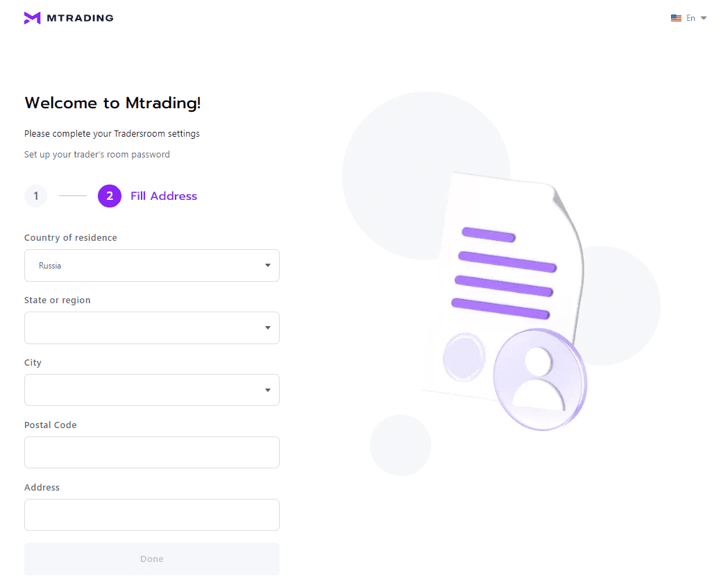 Formulario de dirección residencial de MTrading