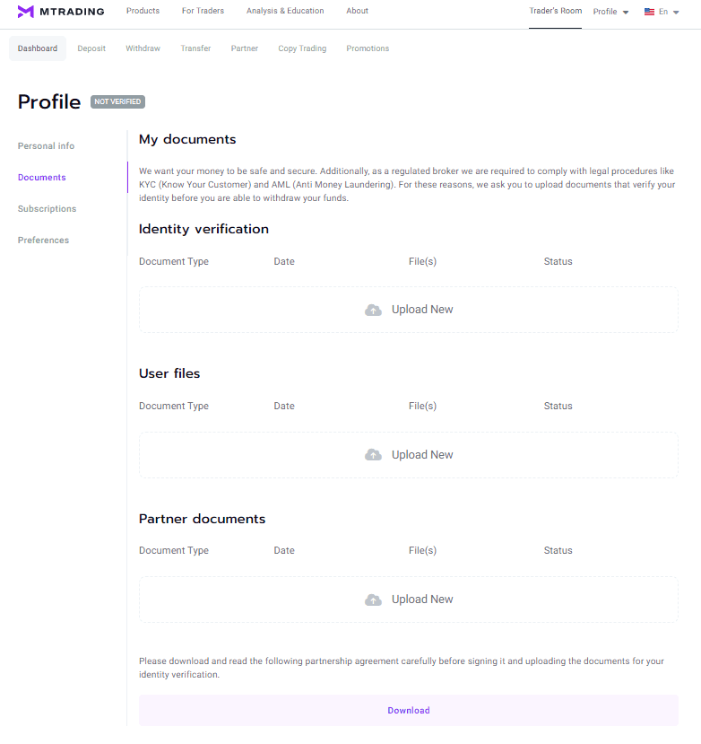 Верификация в личном кабинете MTrading