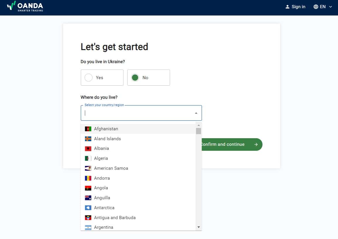 Start of registration with Oanda