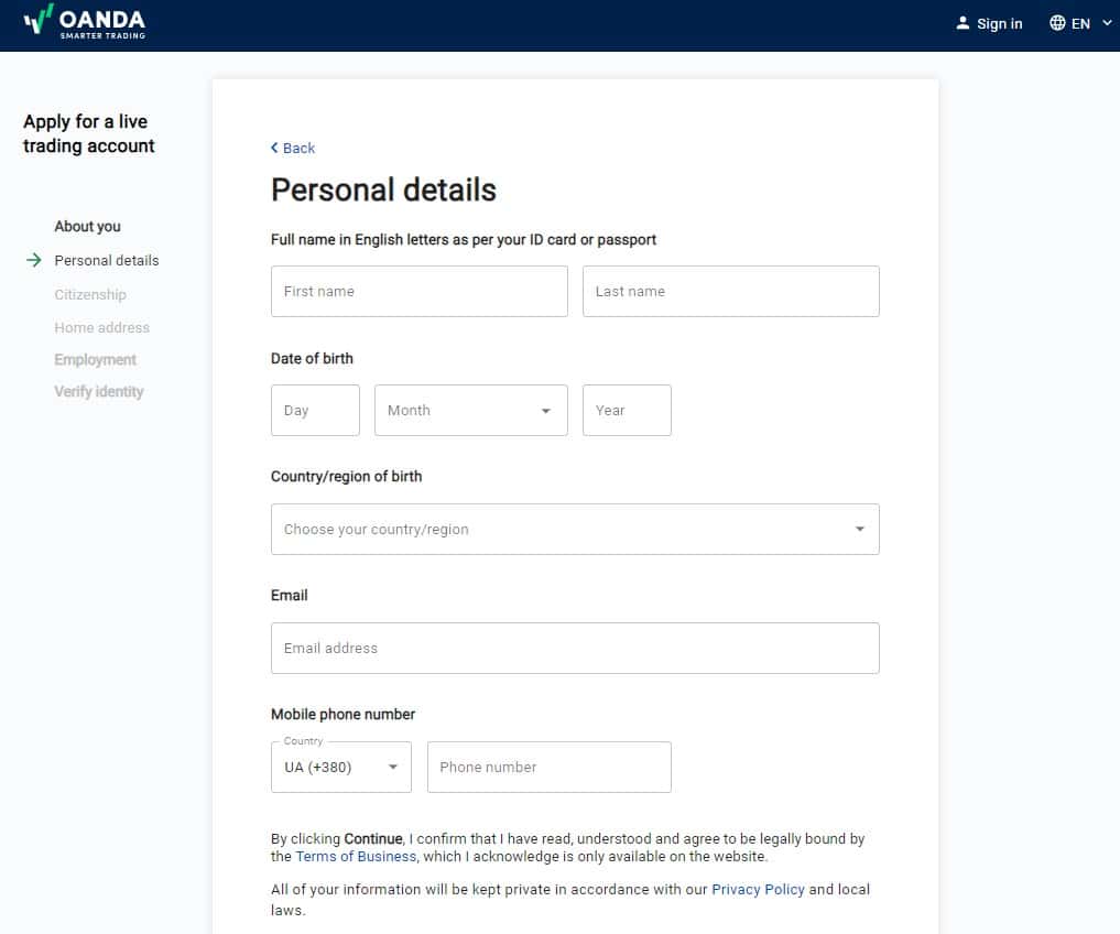 Personal data questionnaire for Oanda