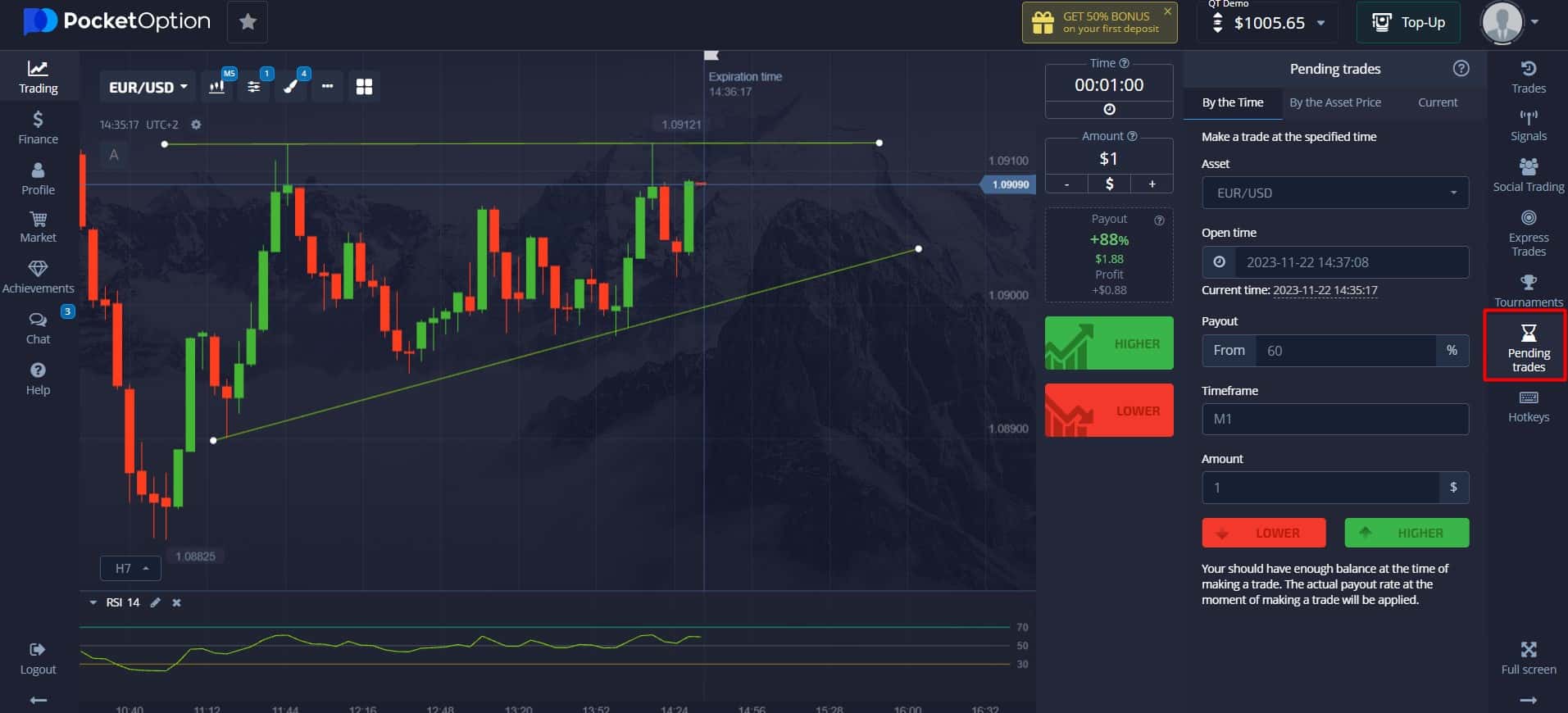 Operaciones pendientes en la plataforma Pocket Option