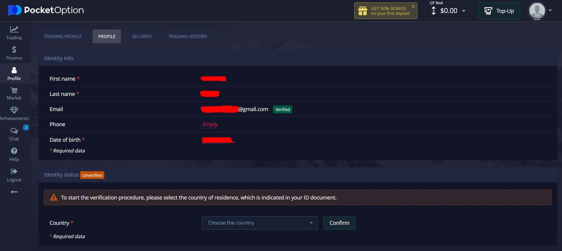Perfil en Pocket Option