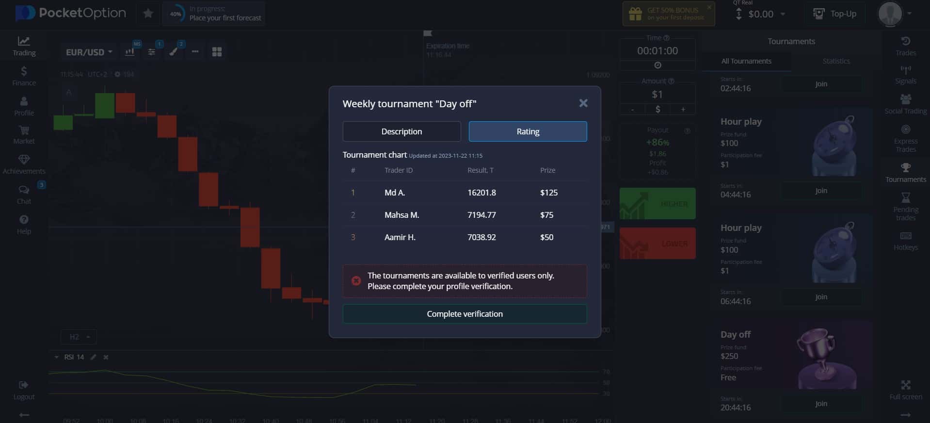 Clasificaciones de torneos de Pocket Option