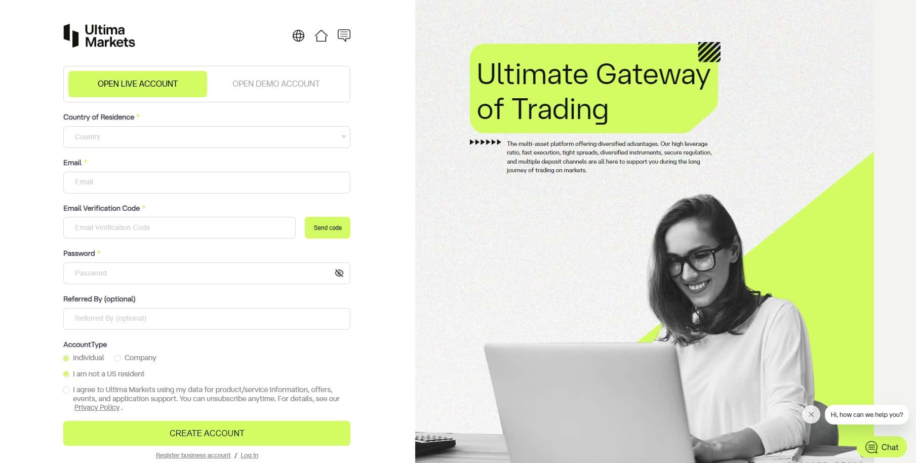 Форма регистрации на Ultima Markets