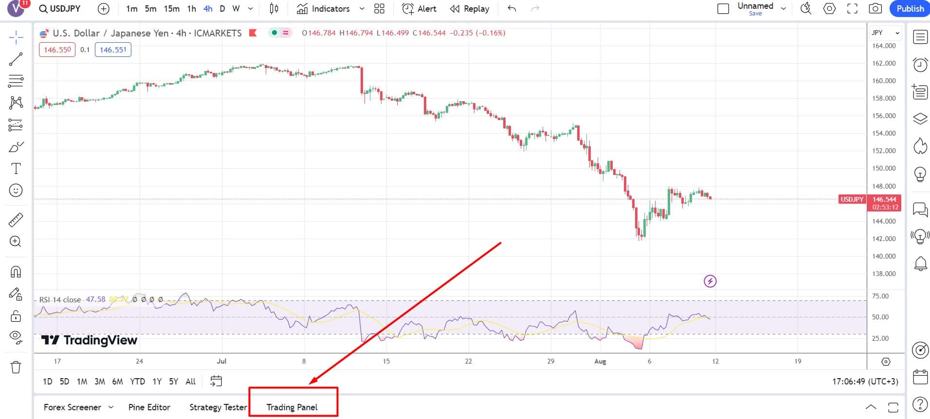 Registerkarte „Trading Panel“ auf TradingView