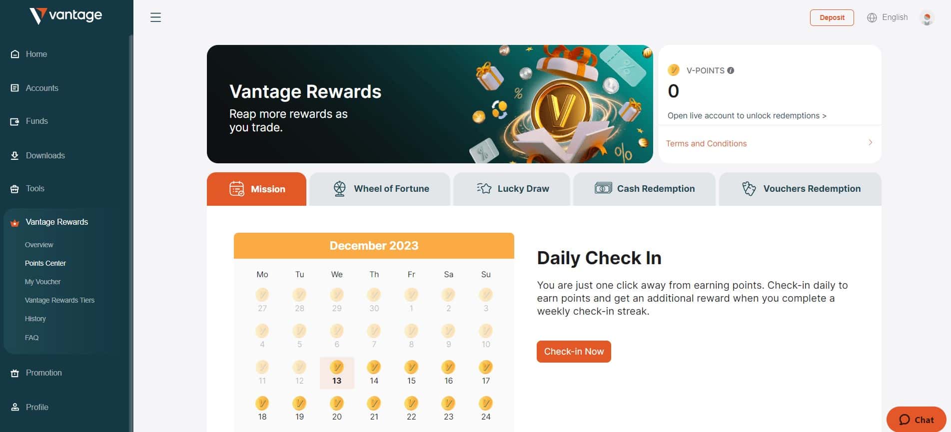 Vantage Rewards im Kundenportal