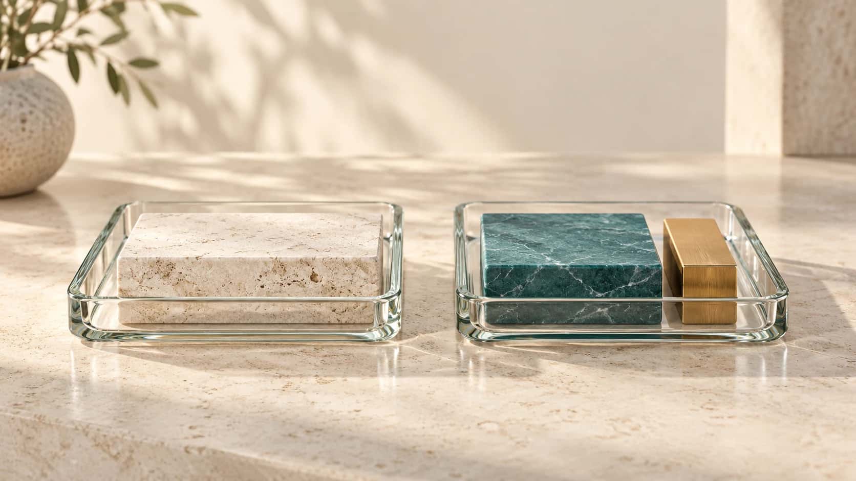Два стеклянных подноса: слева один светлый каменный блок, справа бирюзовый блок и отдельный латунный брусок.