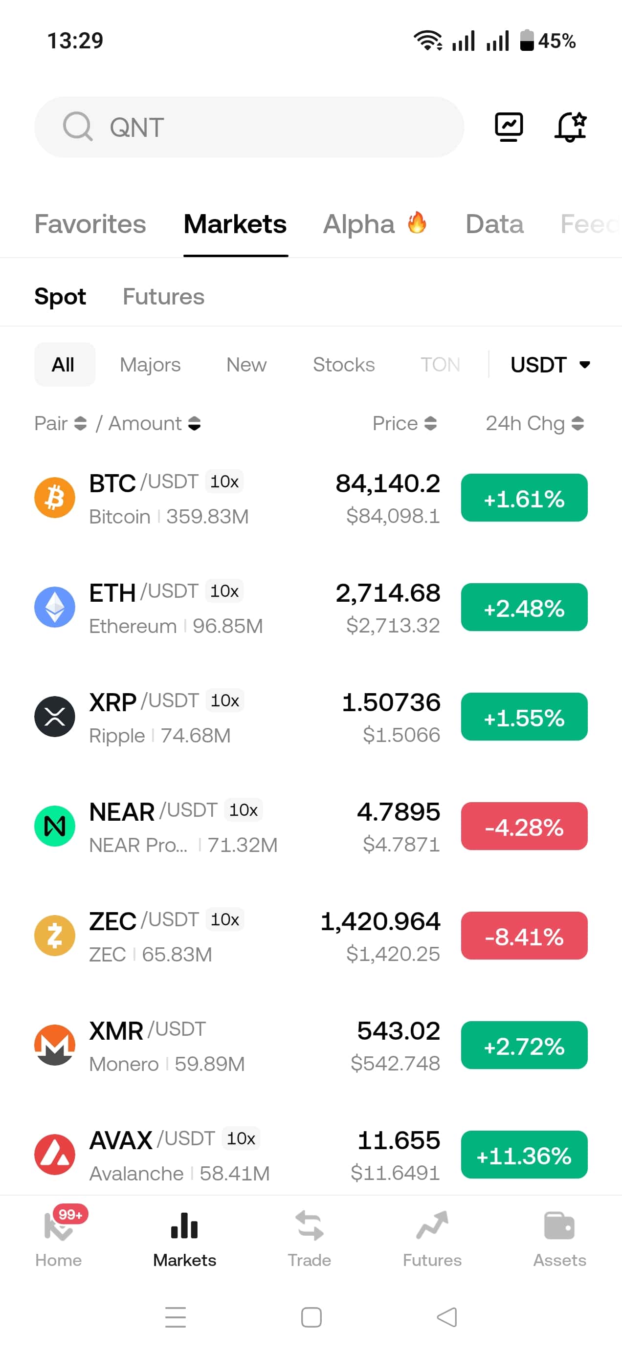 Rynki w aplikacji mobilnej KuCoin