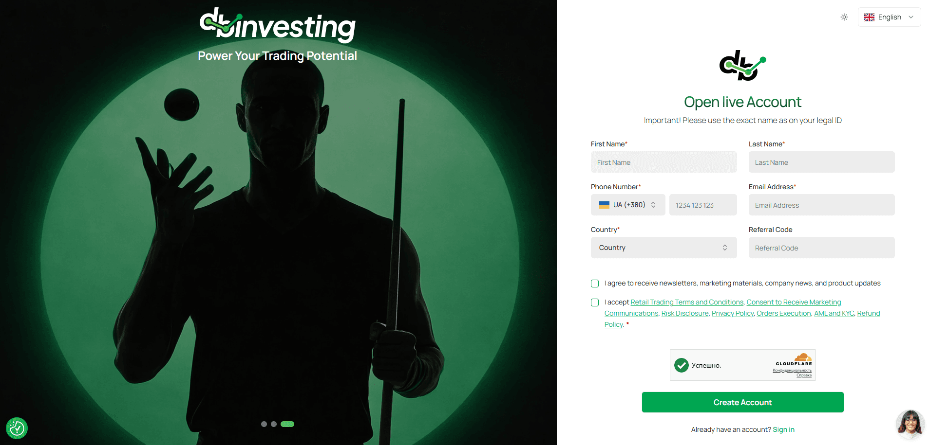 Форма регистрации на DB Investing