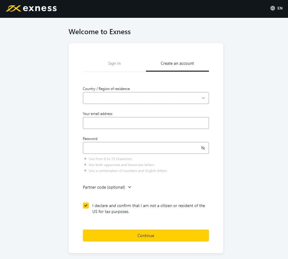 Реєстраційна форма на сайті Exness