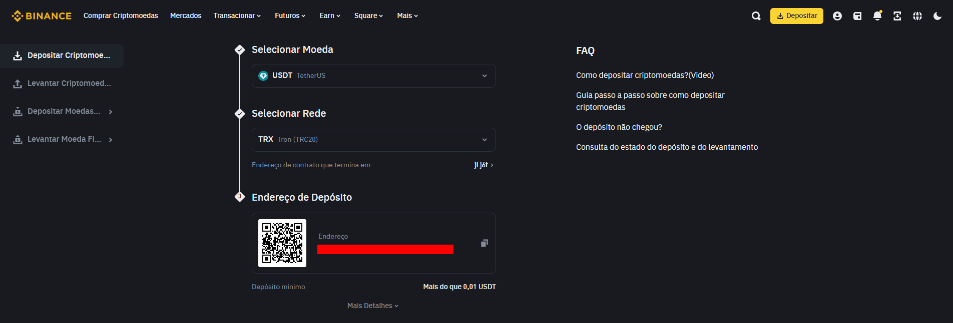 Depósito de criptomoedas na Binance