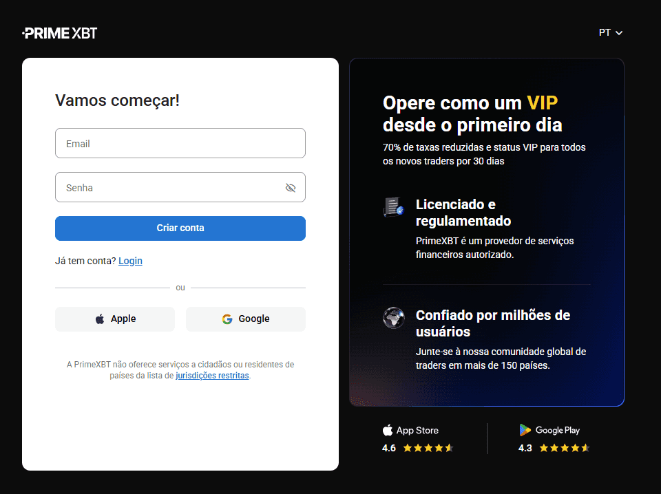 Formulário de registro na PrimeXBT