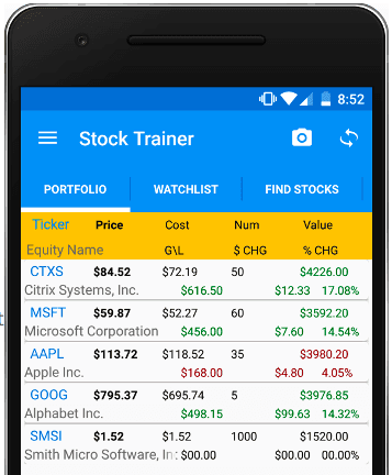 Вид портфеля в Stock Trainer на мобильном устройстве