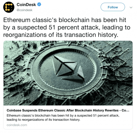 Твит об атаке 51 на блокчейн Ethereum Classic
