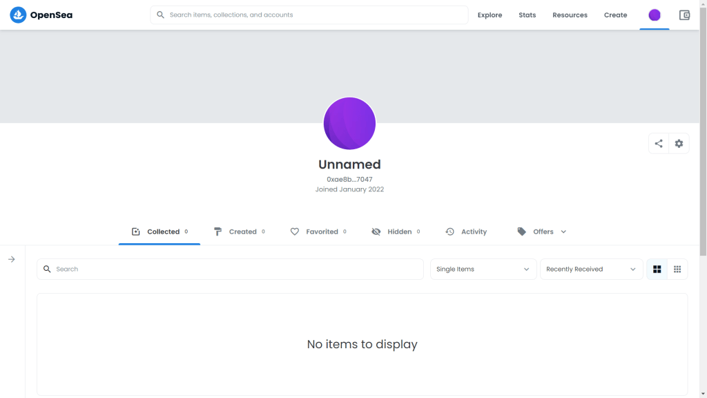 Страница профиля сразу после подключения кошелька к OpenSea