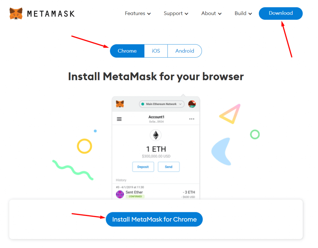Элементы интерфейса сайта Метамаск, требующиеся при установке расширения для браузеров