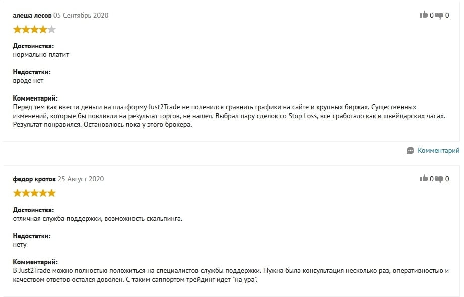 Однотипные позитивные отзывы о Just2Trade на brokers.ru