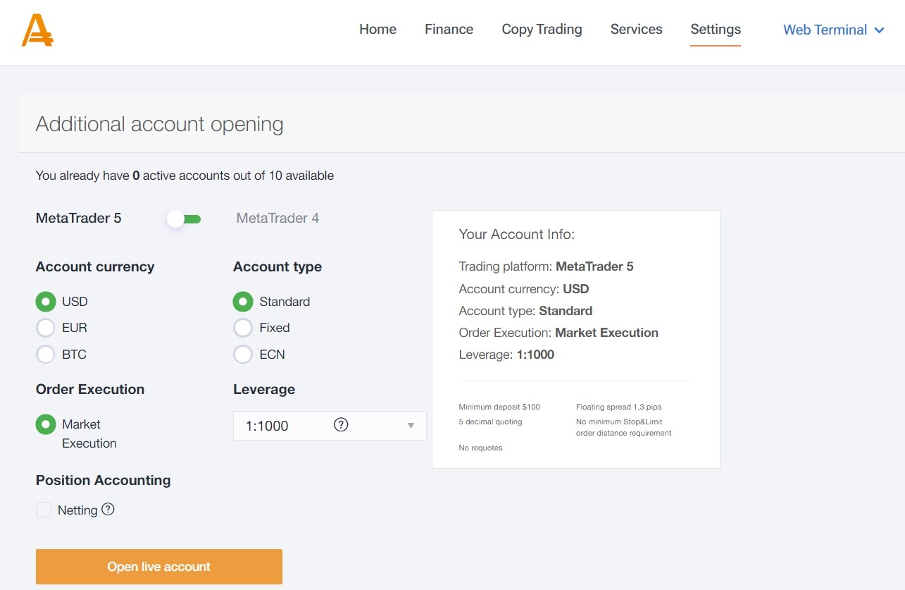 Opening a trading account with Amarkets