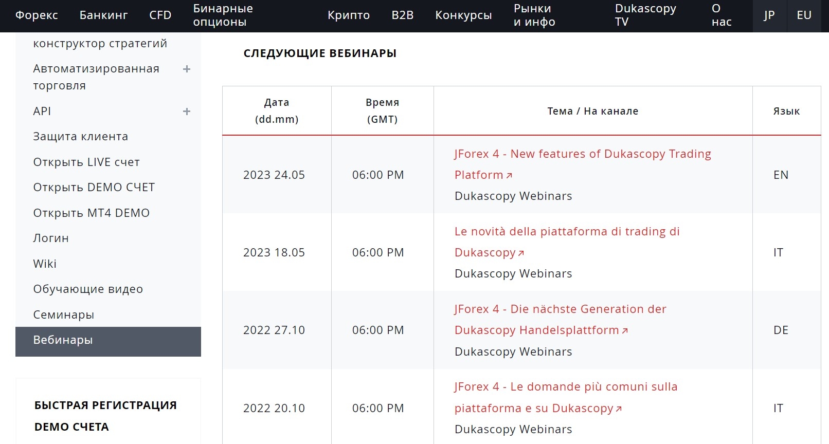 Расписание вебинаров на Dukaskopy Bank SA