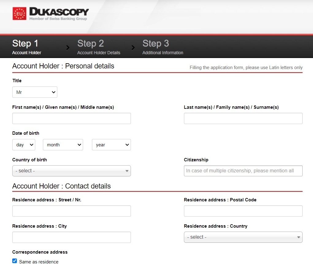 Registering a personal account with Dukascopy Europe
