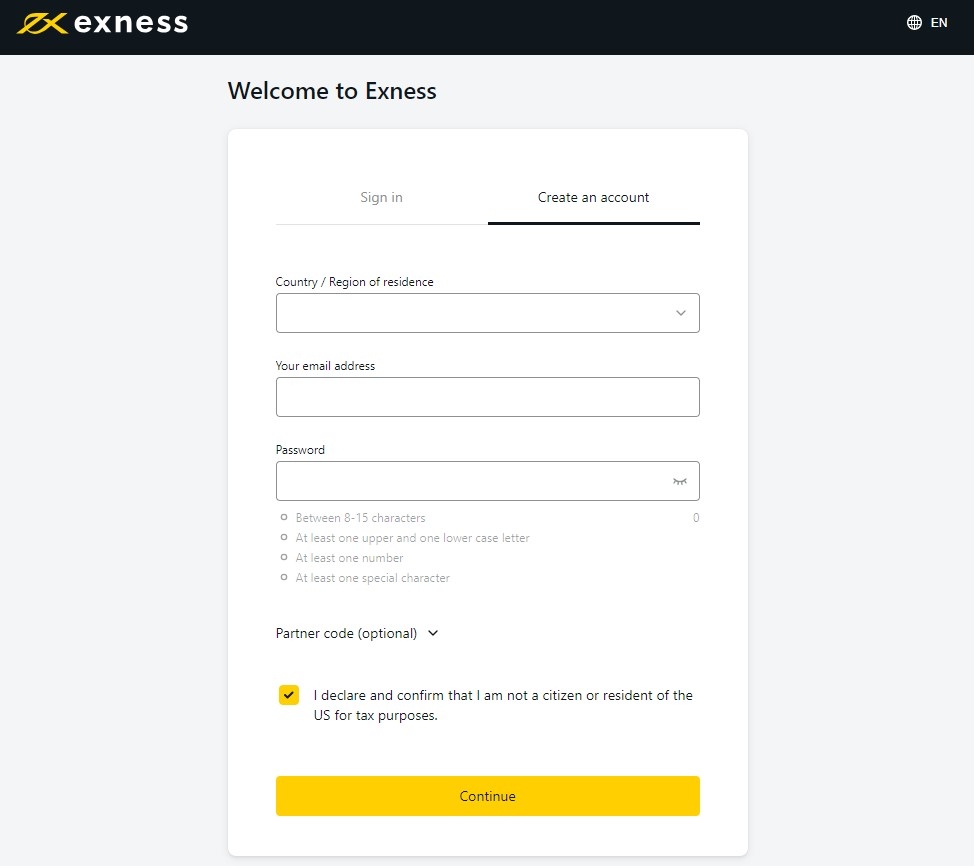 Registration form on the exness.com website