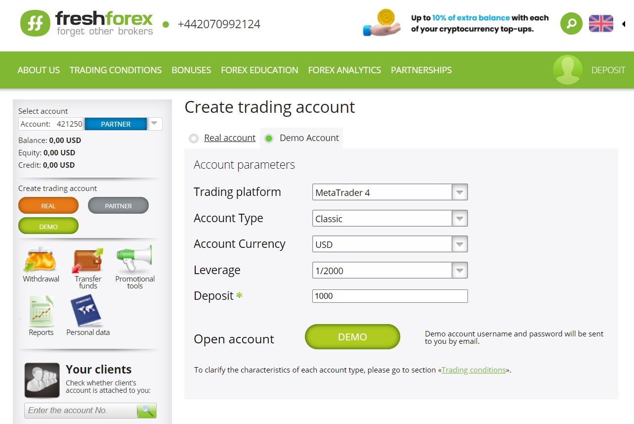Opening a trading account at FreshForex
