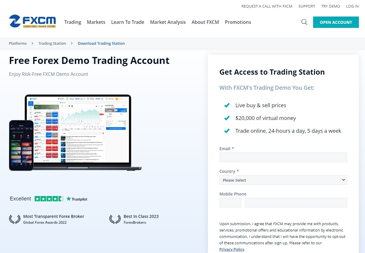 Application for opening a demo account with FXCM