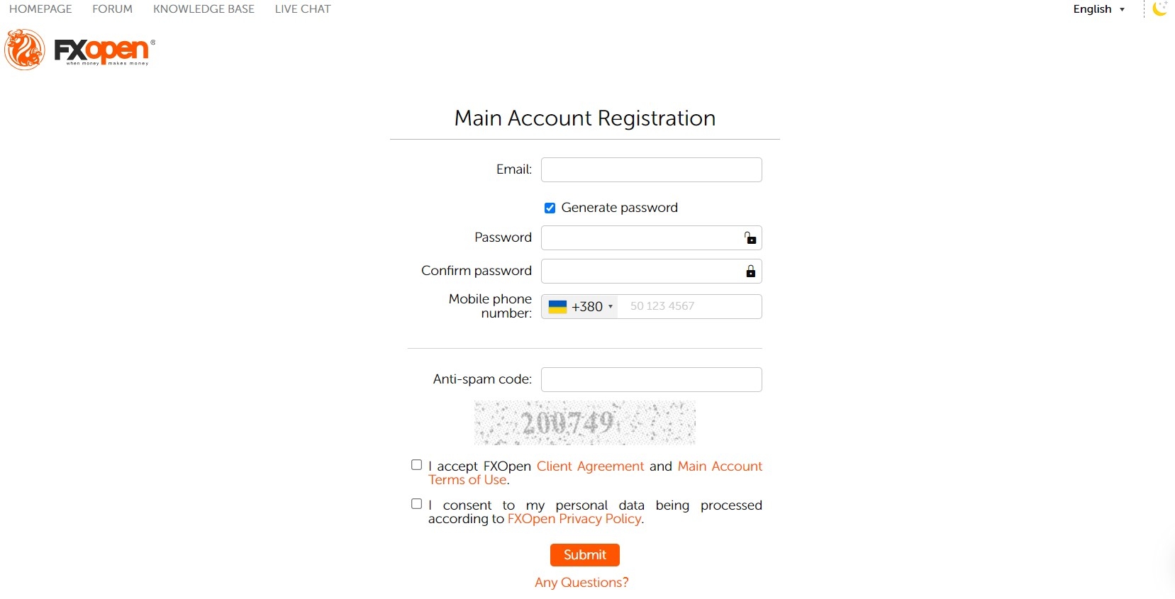 FxOpen registration form