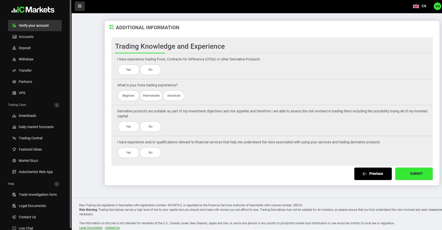 Information about trading experience at IC Markets