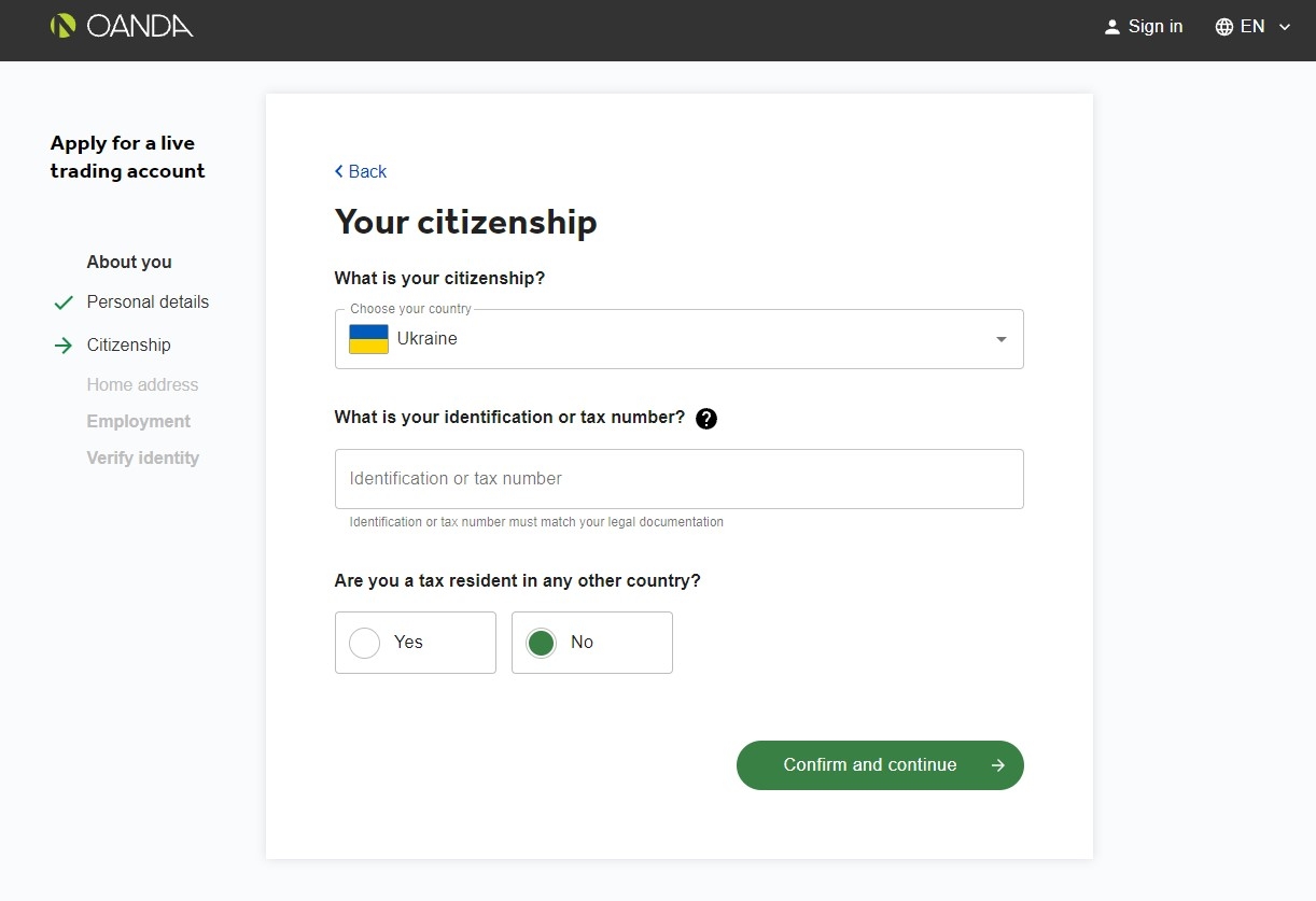 Citizenship questionnaire on Oanda