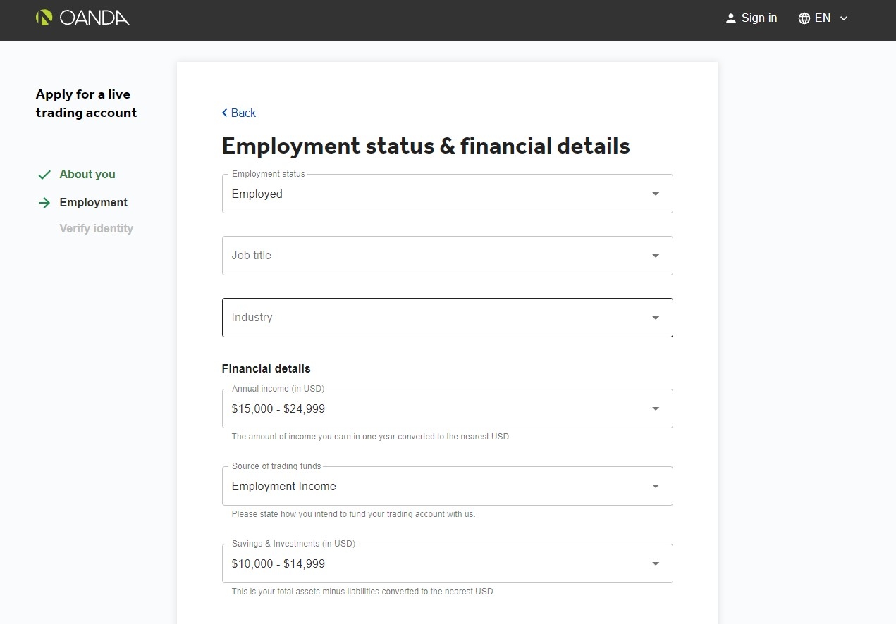 Questionnaire on employment status and financial data on Oanda