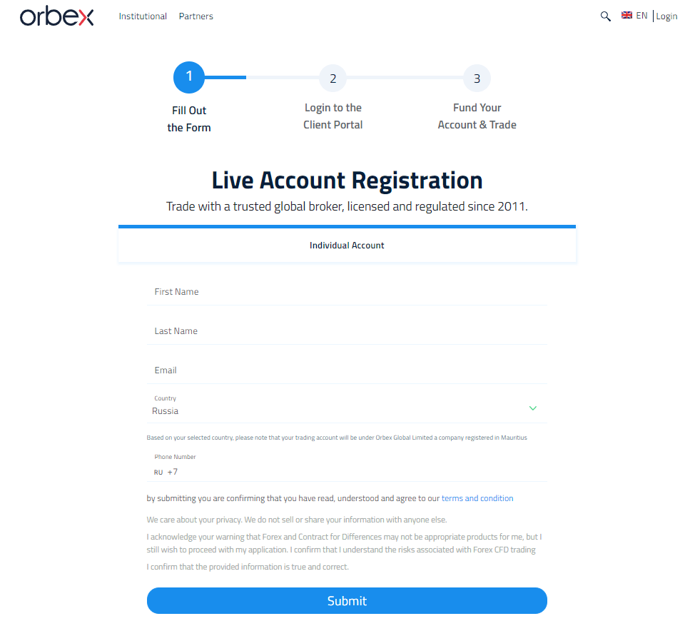 Регистрация на Orbex