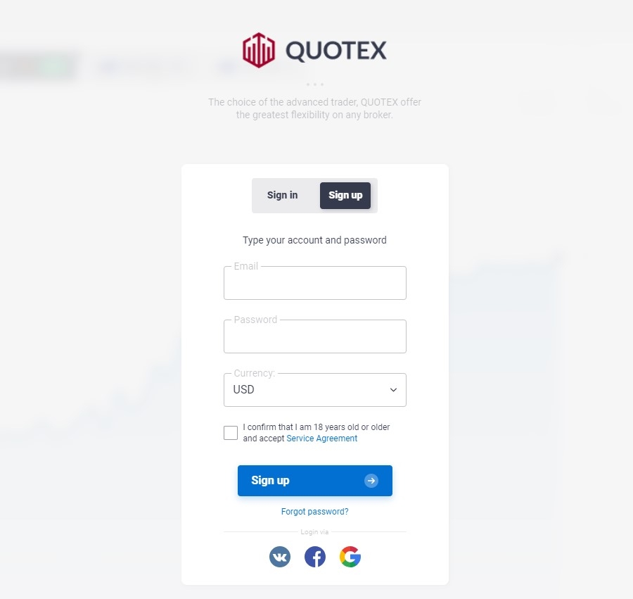 Quotex Registration form
