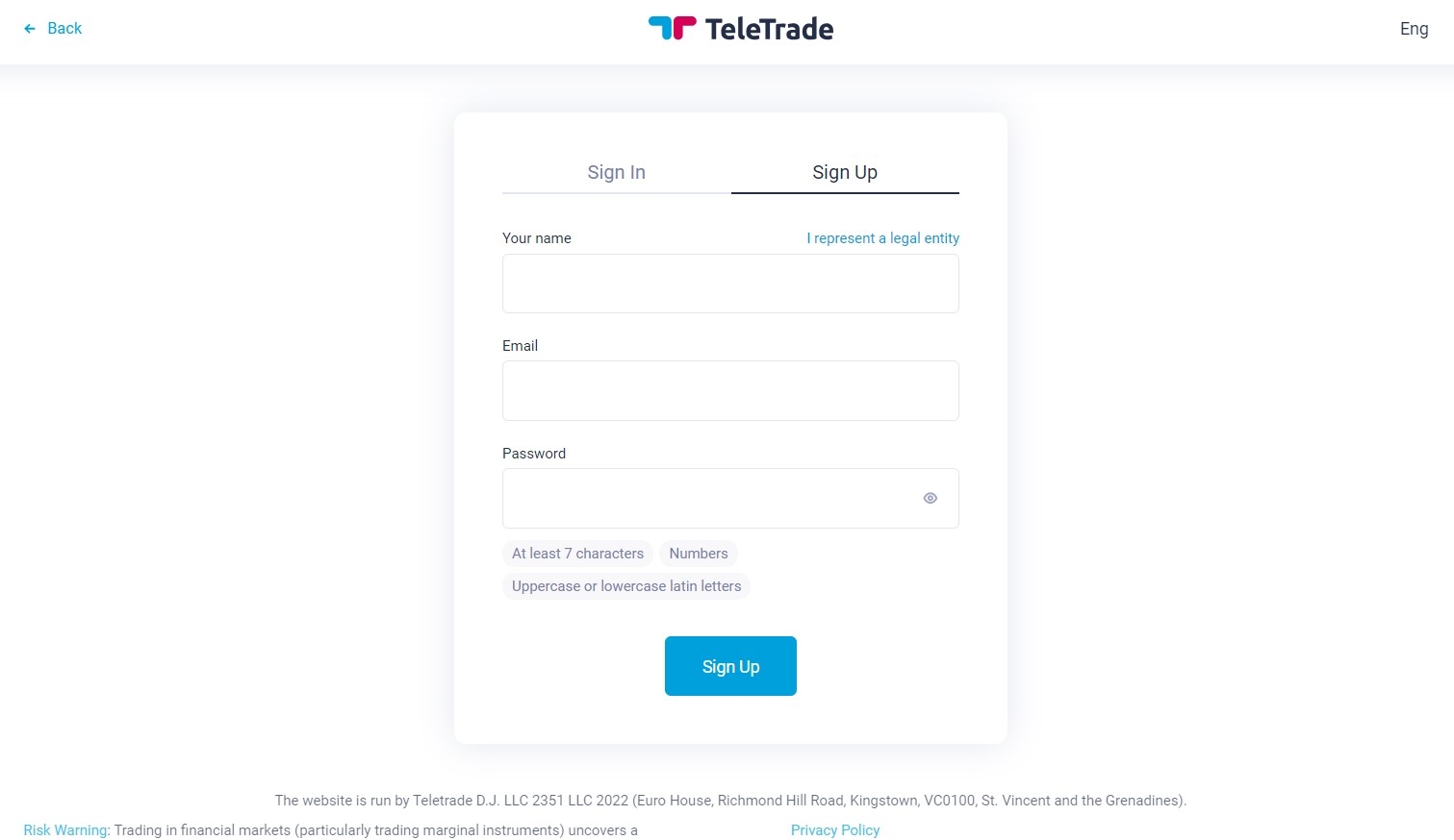 TeleTrade registration form