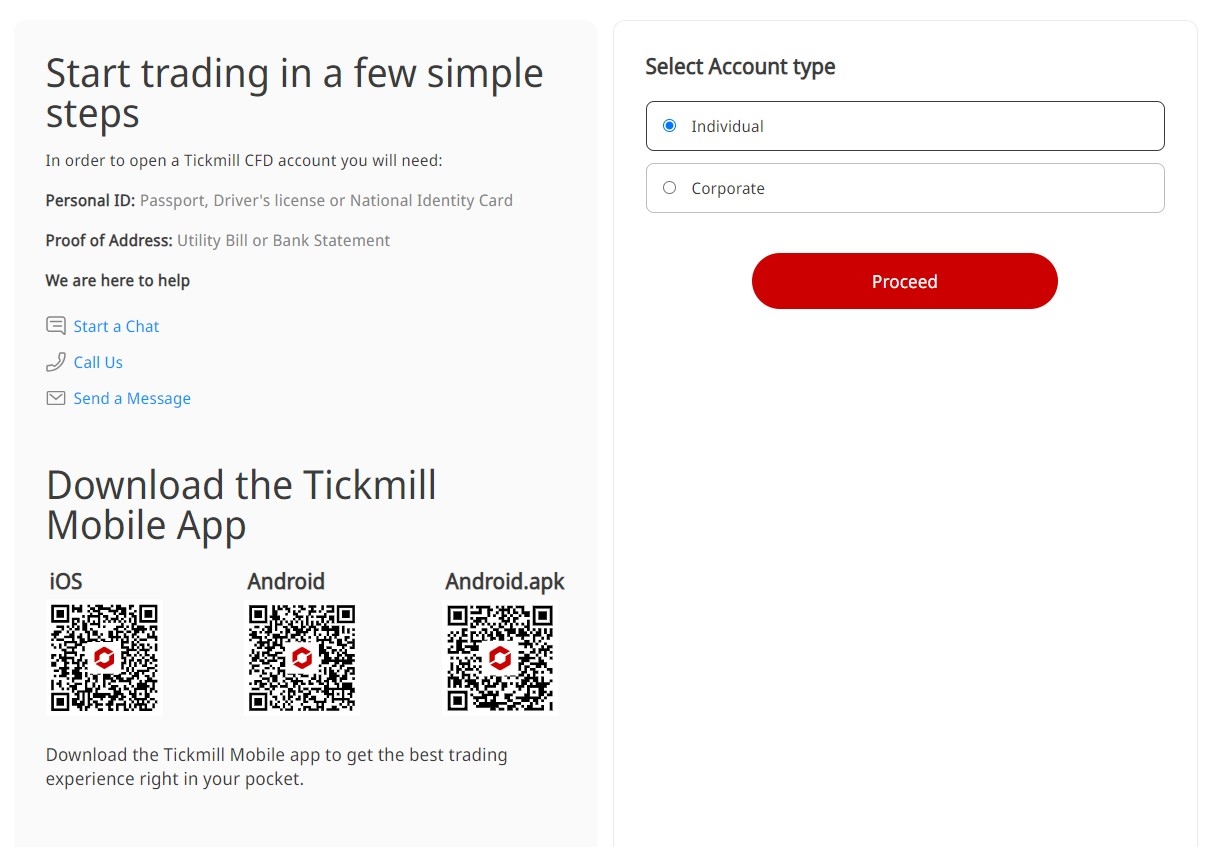 Choice of account type at Tickmill