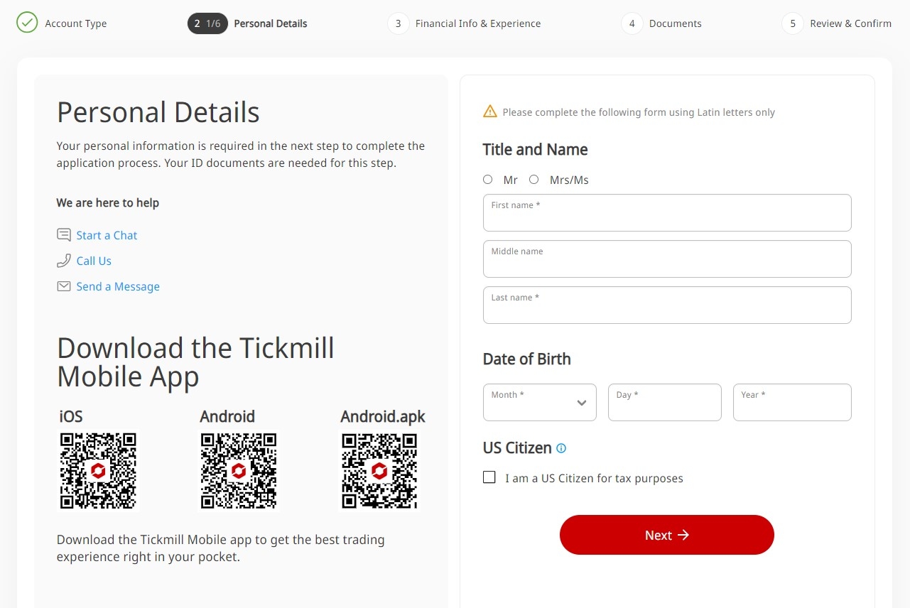 Filling in personal data for registration in Tickmill