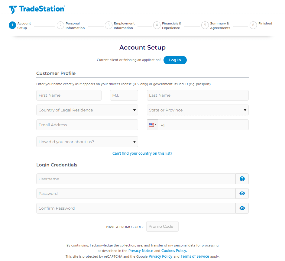 Форма регистрации на TradeStation