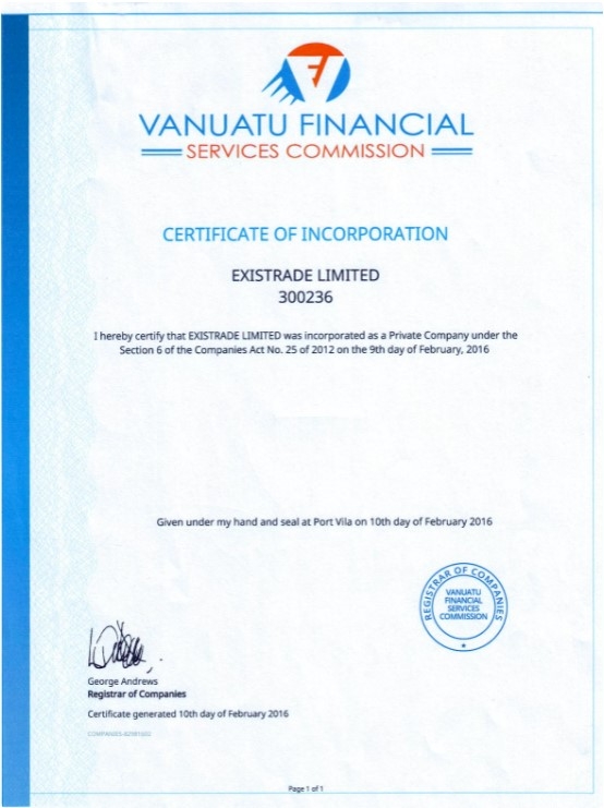 Лицензия VFSC для компании Existrade Ltd.